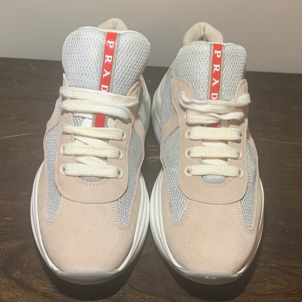 Prada Cream and Gray Women's Sneakers with Red Accent